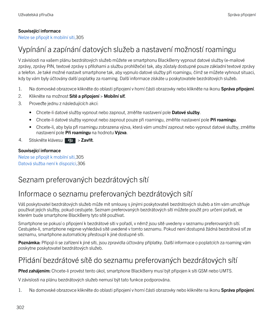 Blackberry 9720 manual Nelze se připojit k mobilní síti,305 