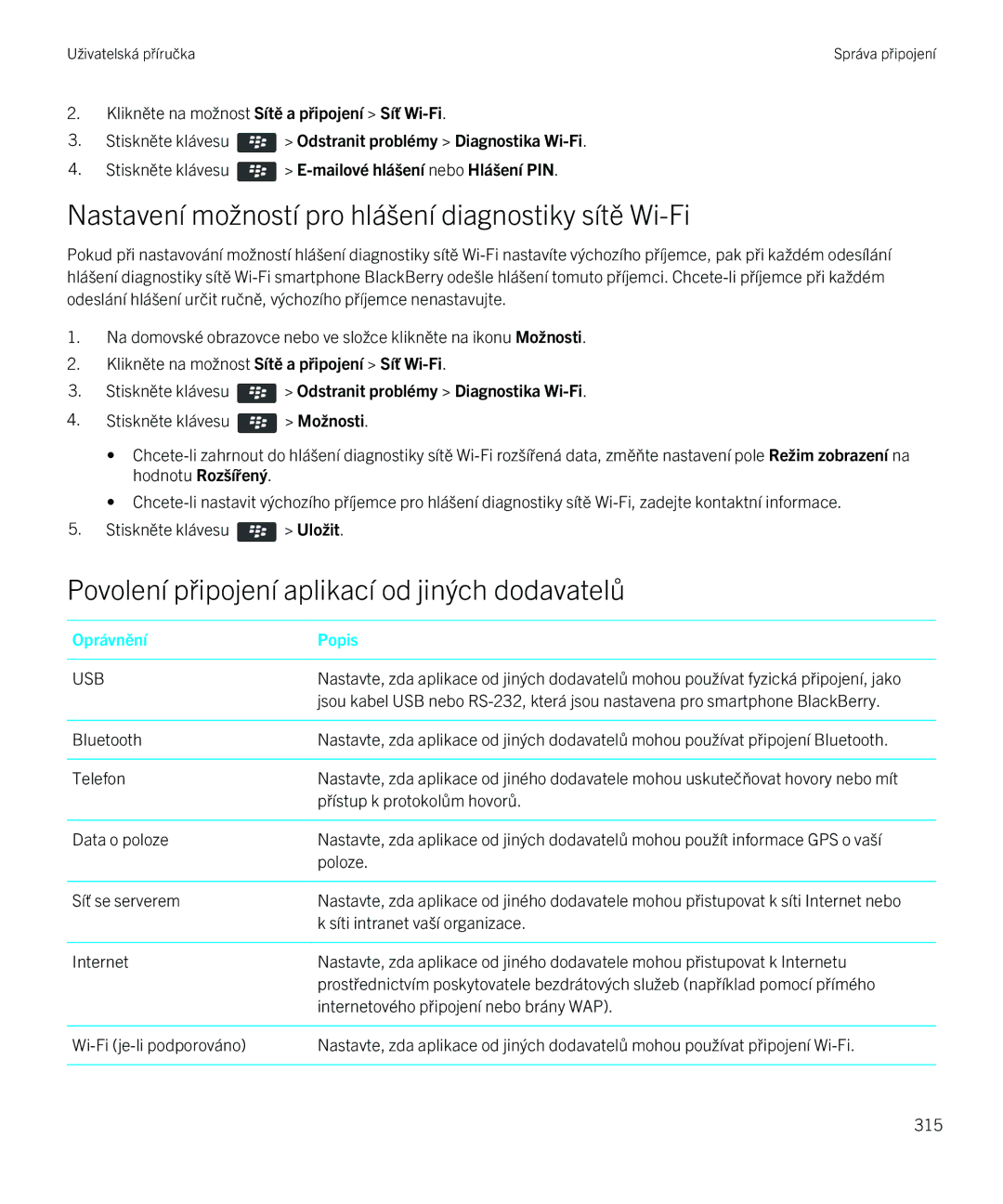 Blackberry 9720 Nastavení možností pro hlášení diagnostiky sítě Wi-Fi, Povolení připojení aplikací od jiných dodavatelů 