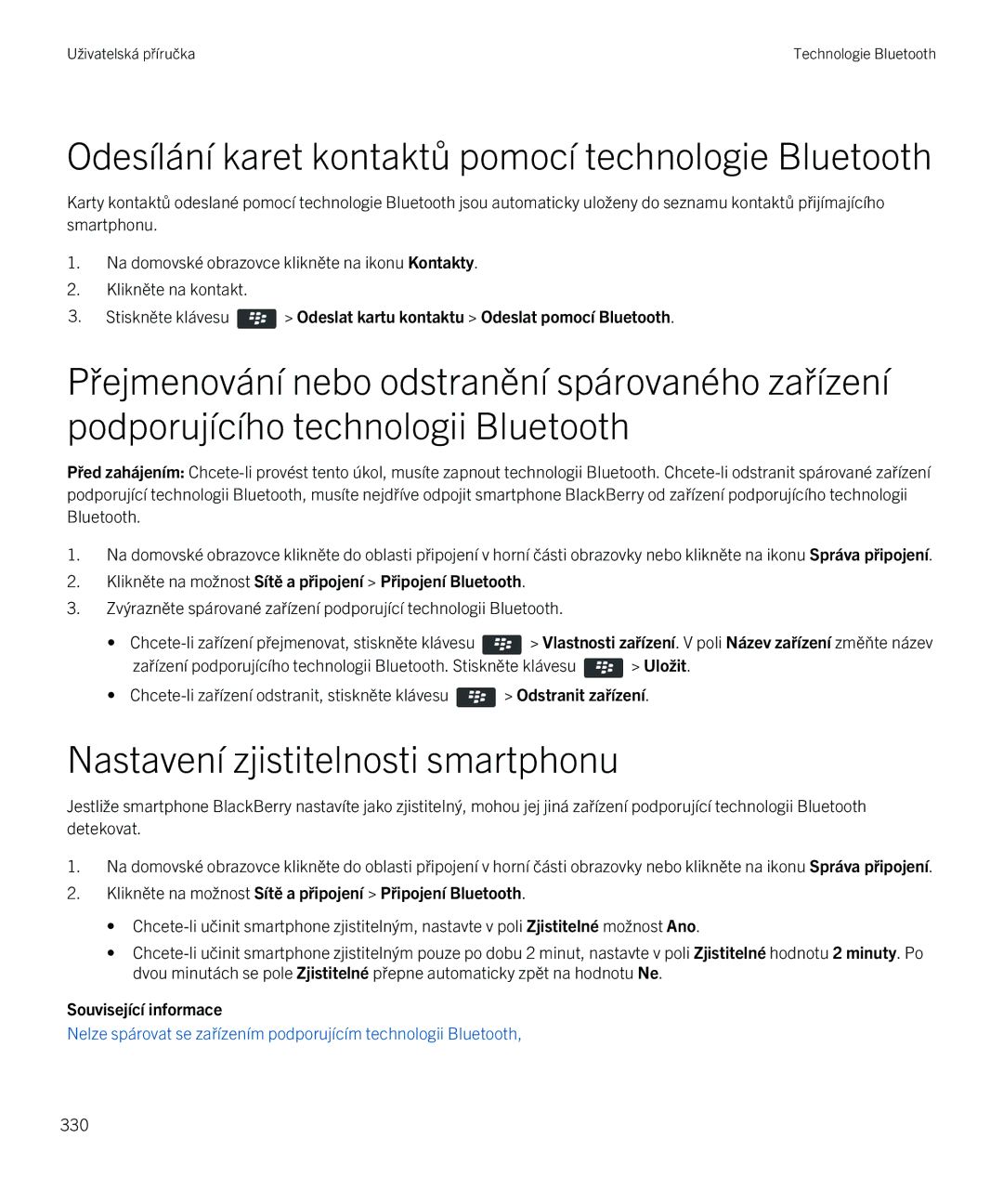 Blackberry 9720 manual Odesílání karet kontaktů pomocí technologie Bluetooth, Nastavení zjistitelnosti smartphonu 