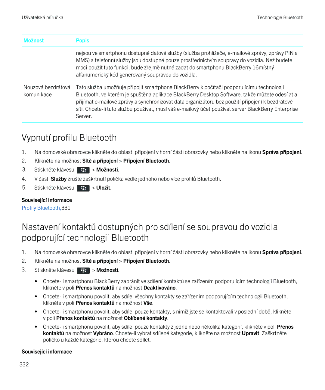 Blackberry 9720 manual Vypnutí profilu Bluetooth 