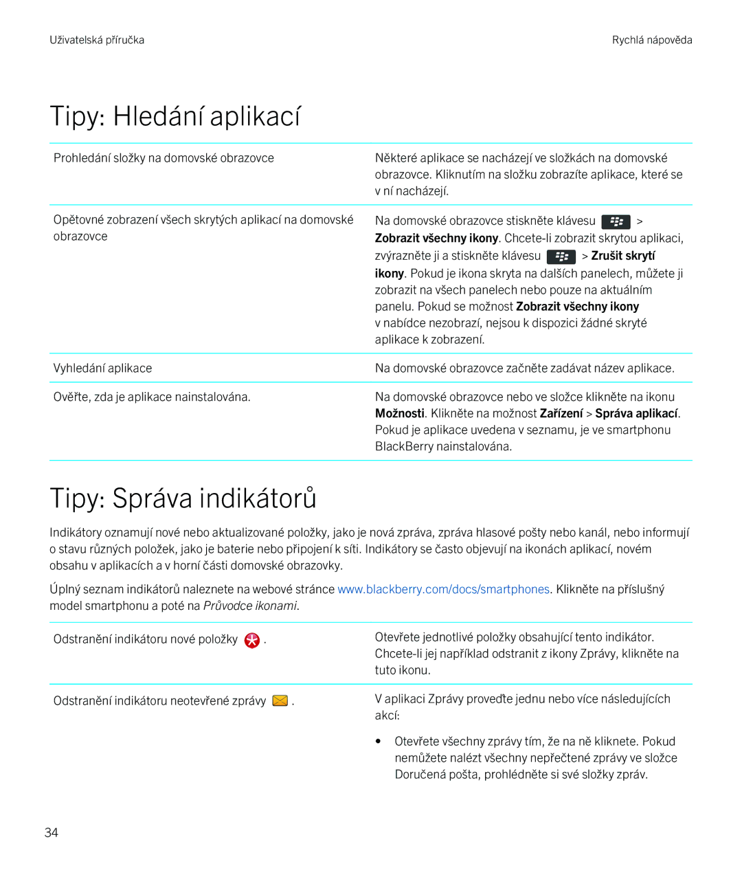 Blackberry 9720 manual Tipy Hledání aplikací, Tipy Správa indikátorů 