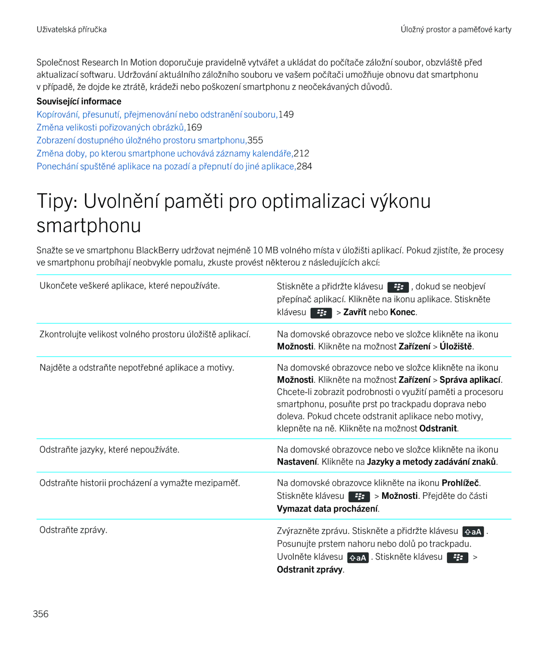 Blackberry 9720 manual Tipy Uvolnění paměti pro optimalizaci výkonu smartphonu, Zavřít nebo Konec 