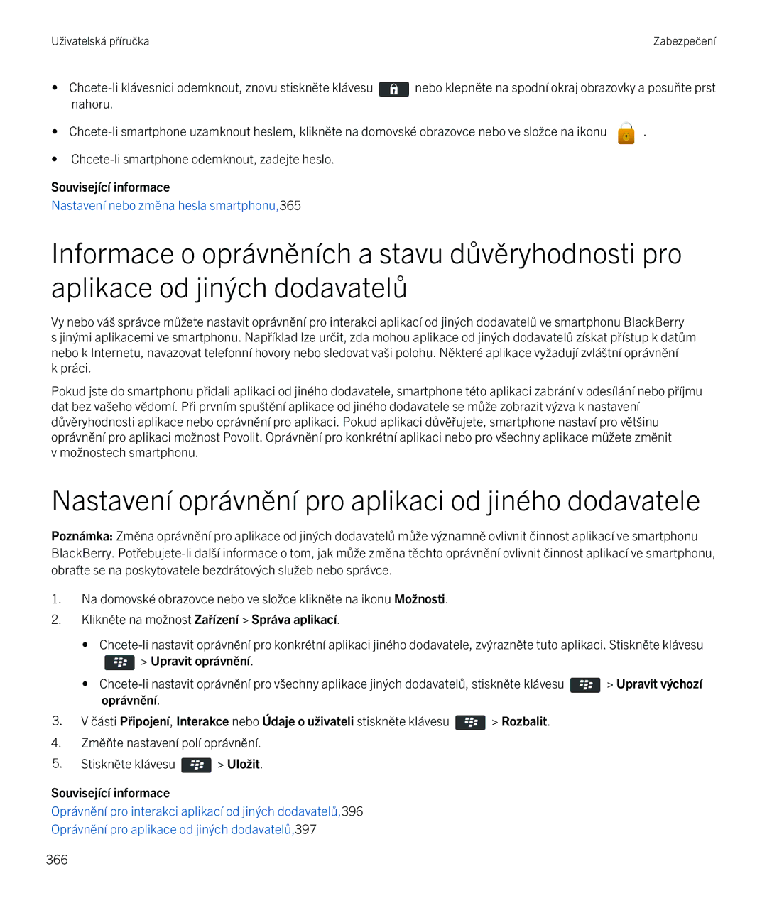 Blackberry 9720 manual Nastavení oprávnění pro aplikaci od jiného dodavatele, Upravit oprávnění 