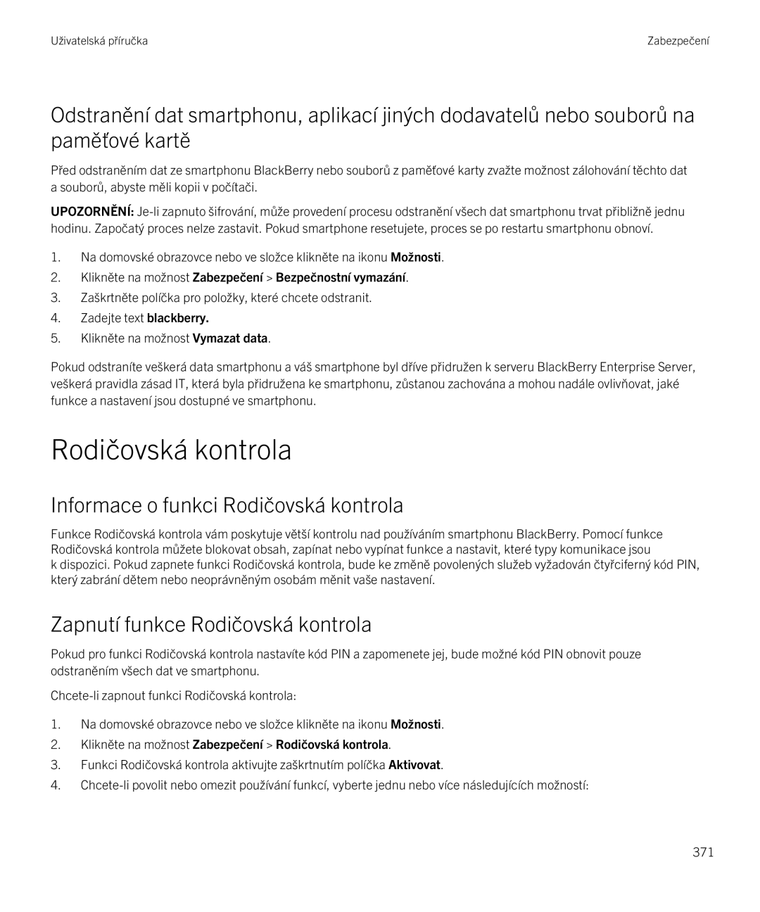 Blackberry 9720 manual Informace o funkci Rodičovská kontrola, Zapnutí funkce Rodičovská kontrola 