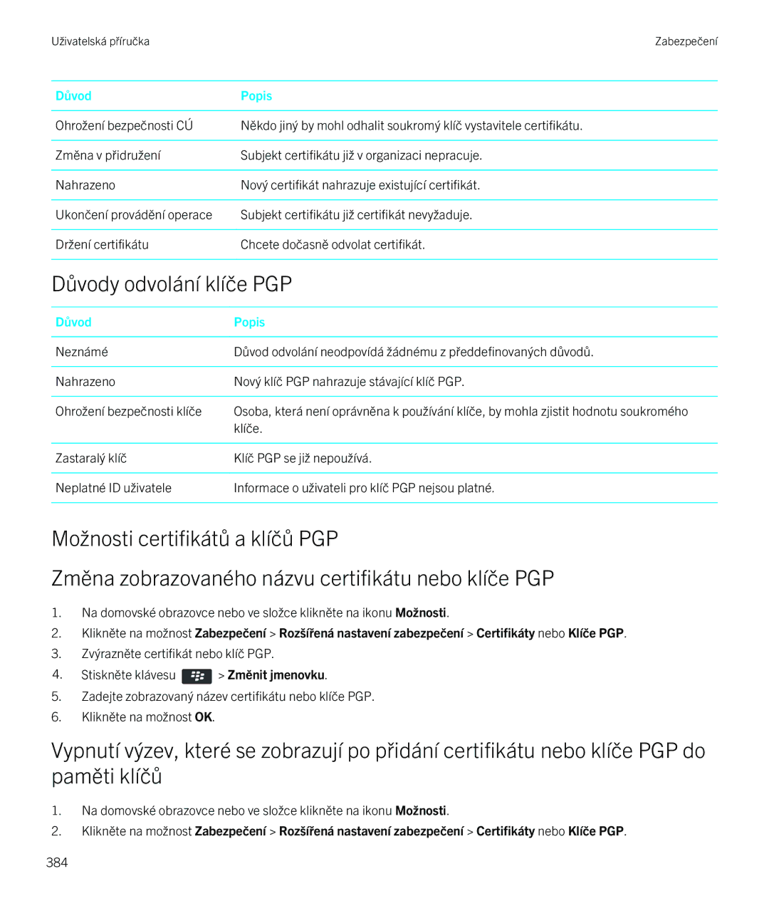Blackberry 9720 manual Důvody odvolání klíče PGP 