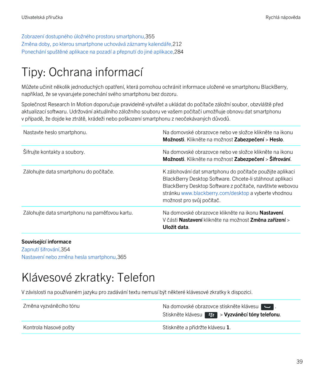 Blackberry 9720 manual Tipy Ochrana informací, Klávesové zkratky Telefon, Možnosti. Klikněte na možnost Zabezpečení Heslo 