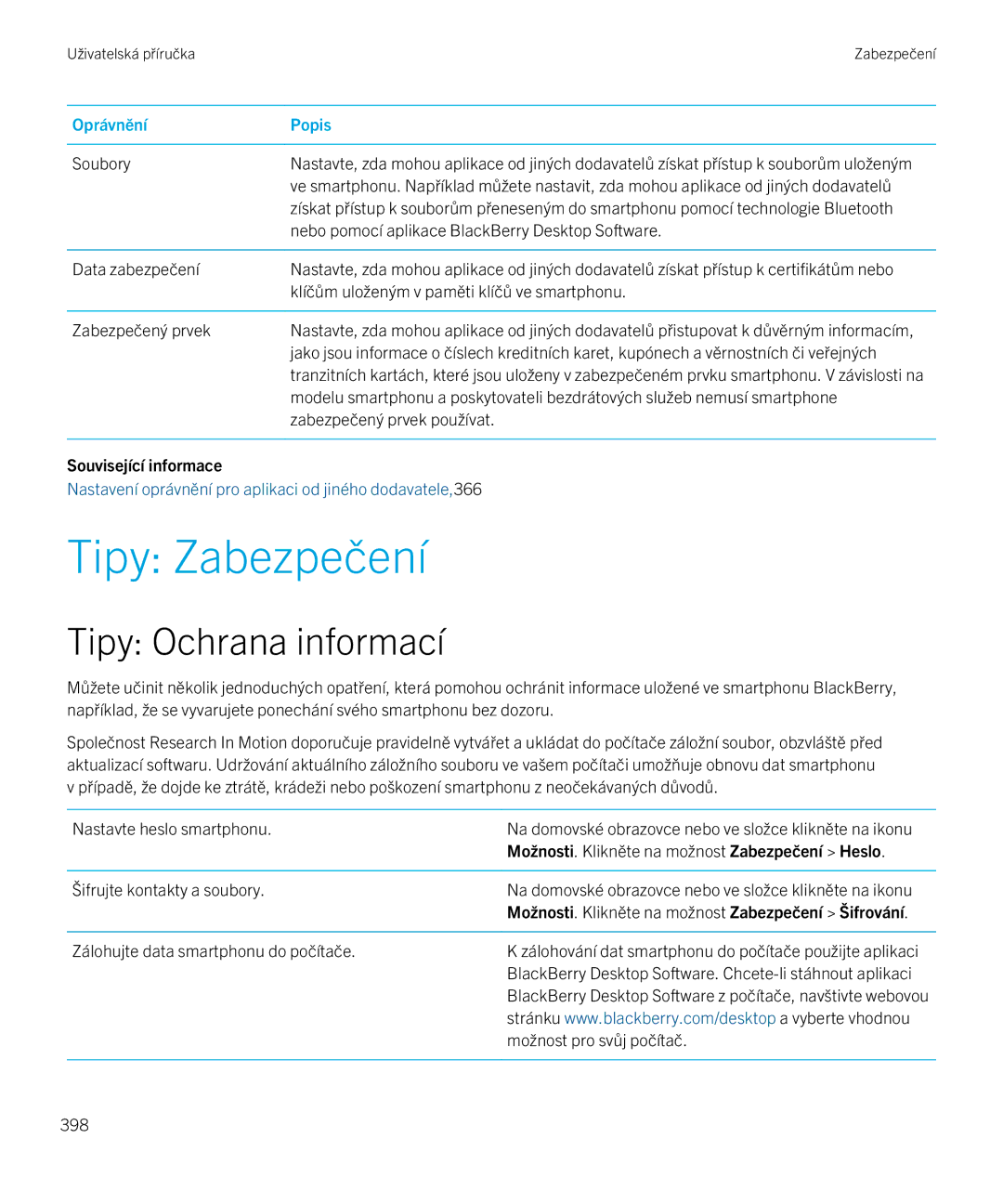 Blackberry 9720 manual Tipy Zabezpečení, Tipy Ochrana informací 