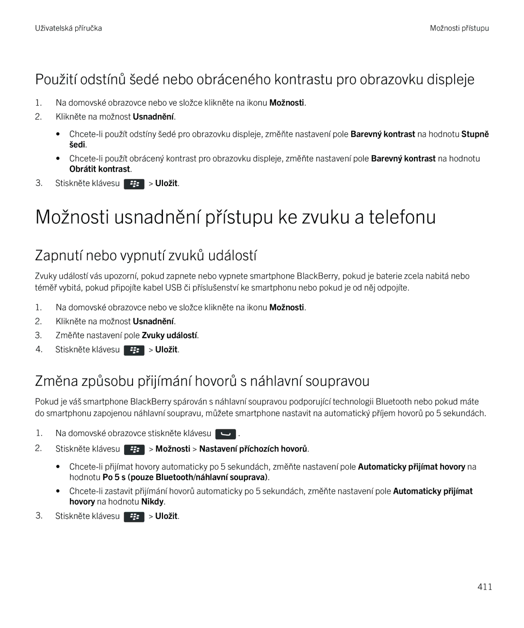 Blackberry 9720 manual Možnosti usnadnění přístupu ke zvuku a telefonu, Zapnutí nebo vypnutí zvuků událostí 