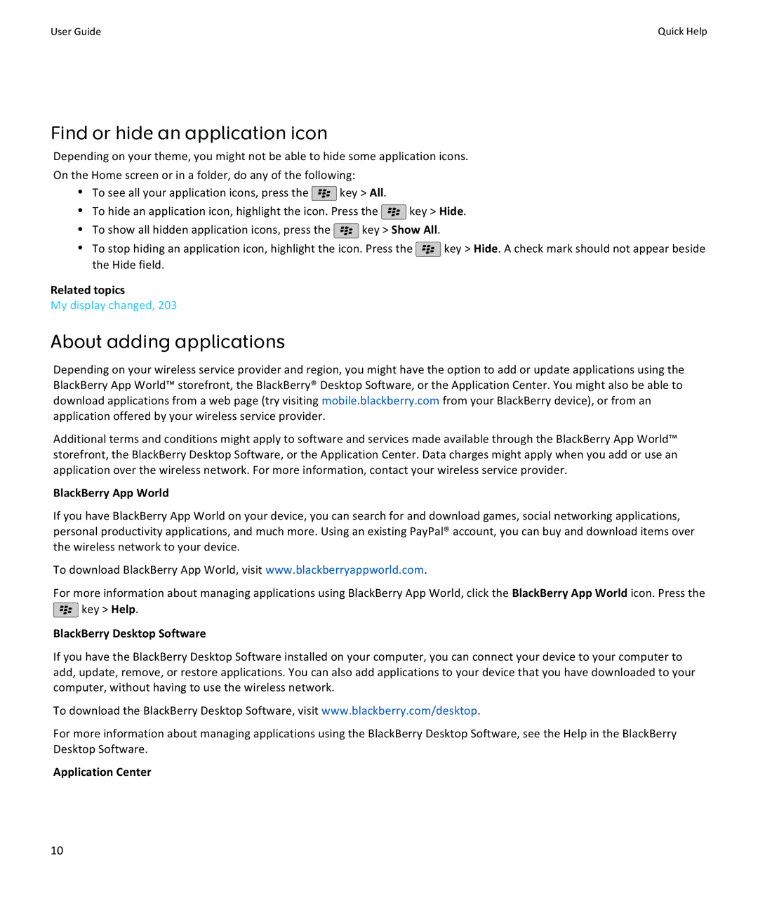 Blackberry 9780 Find or hide an application icon, About adding applications, BlackBerry App World, Application Center 