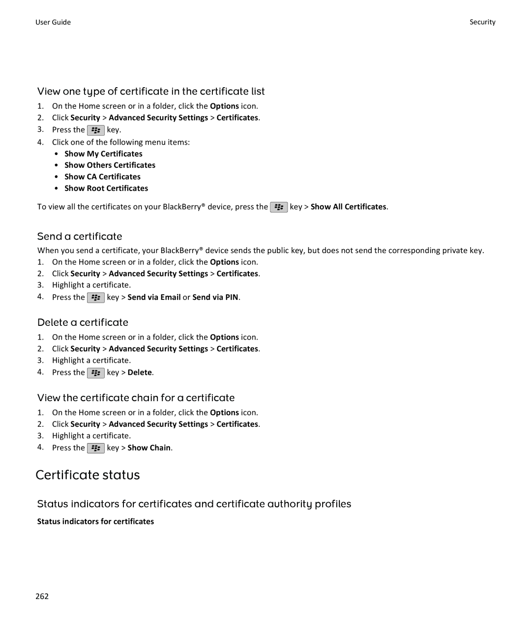 Blackberry 9780 manual Certificate status, View one type of certificate in the certificate list, Send a certificate 