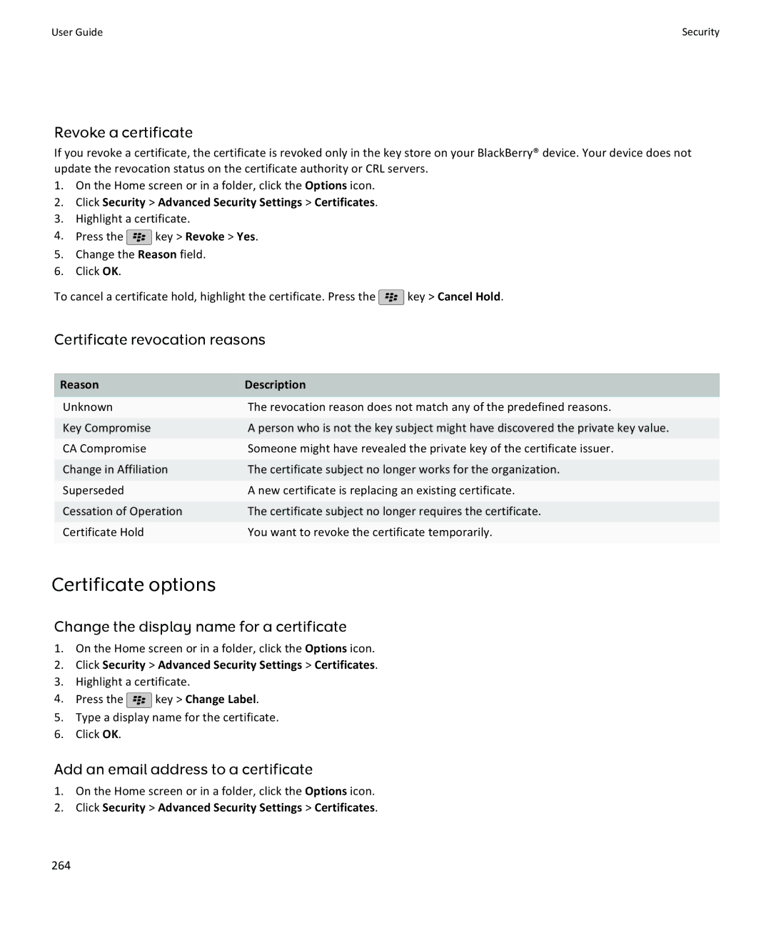 Blackberry NO_CARRIERCNETBBBOLD9780BLKTMB Certificate options, Revoke a certificate, Certificate revocation reasons 