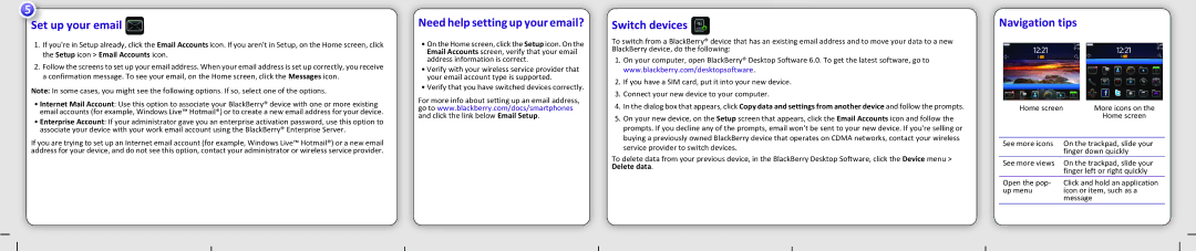 Blackberry 9780 warranty Set up your email, Need help setting up your email?, Switch devices, Navigation tips 