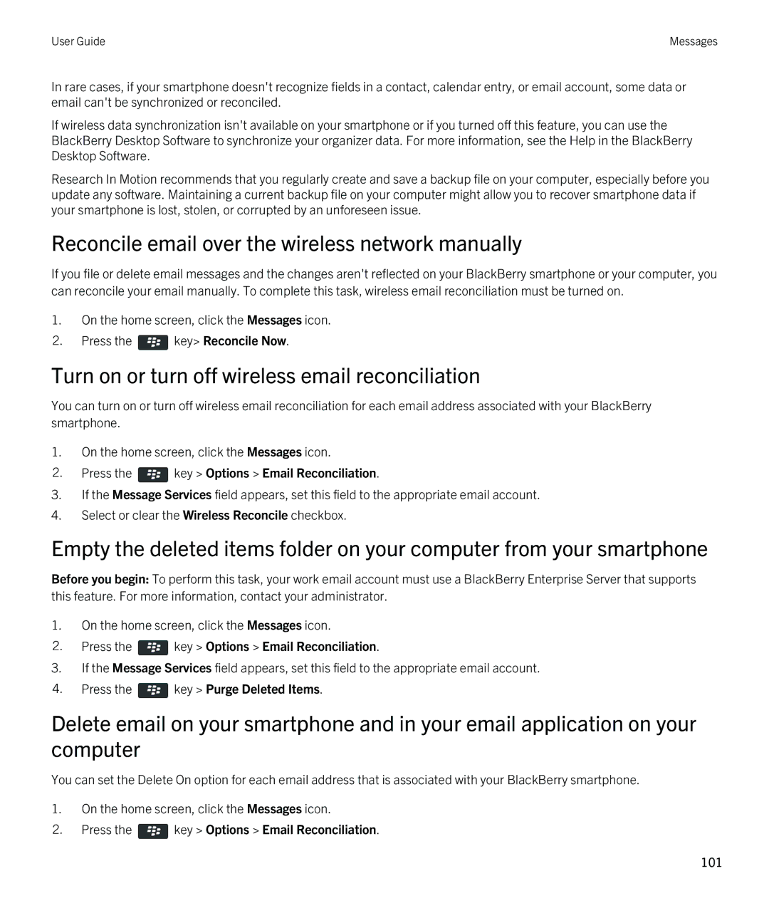 Blackberry 9790 manual Turn on or turn off wireless email reconciliation, Press the key Options Email Reconciliation 