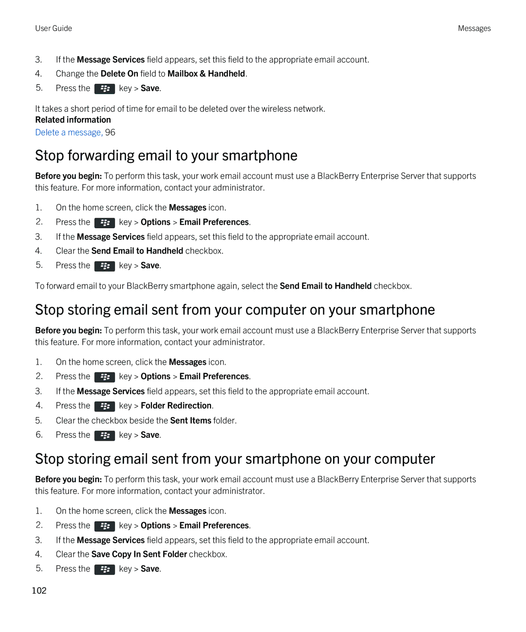 Blackberry 9790 manual Stop forwarding email to your smartphone, Change the Delete On field to Mailbox & Handheld 