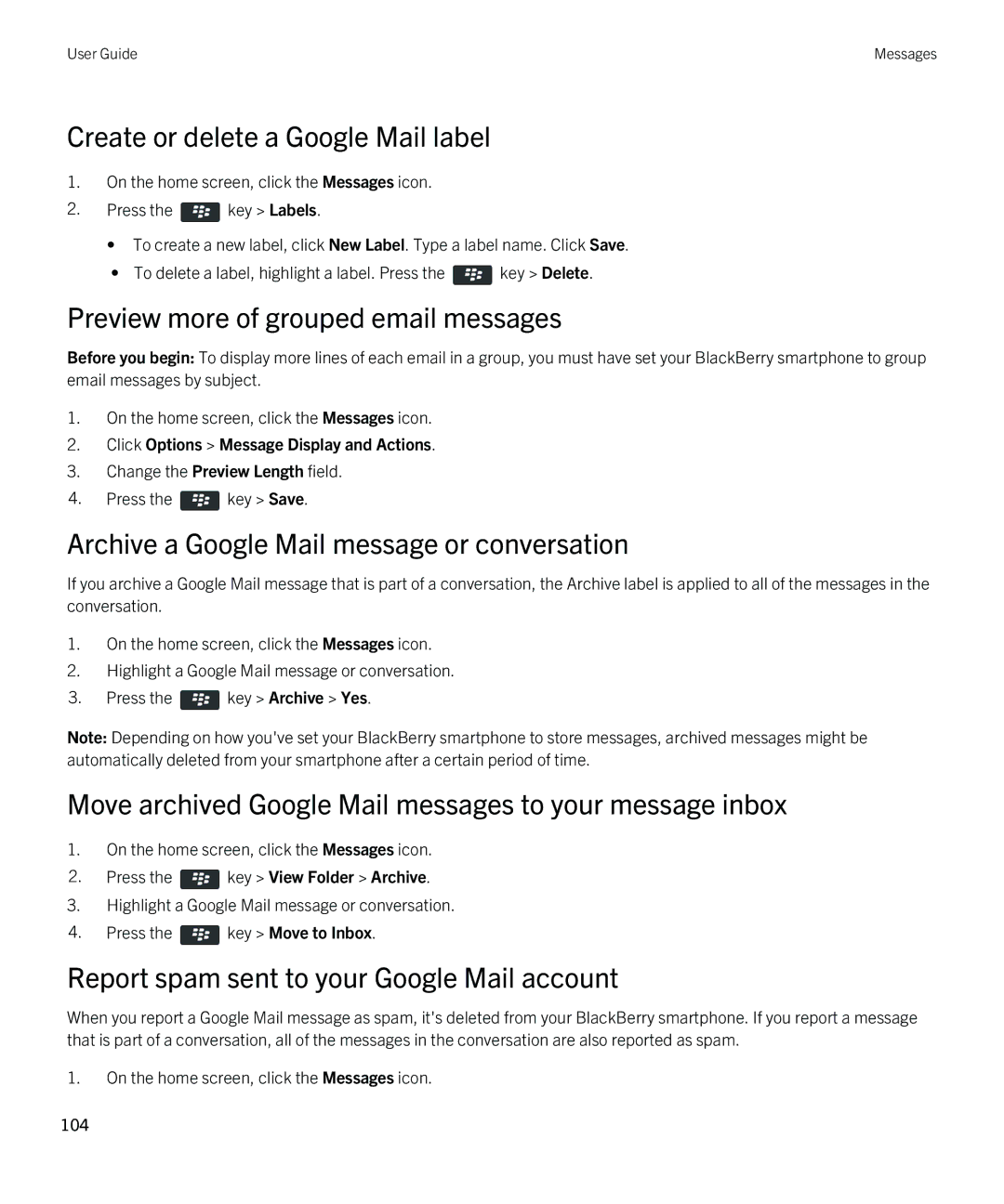 Blackberry 9790 manual Create or delete a Google Mail label, Preview more of grouped email messages 