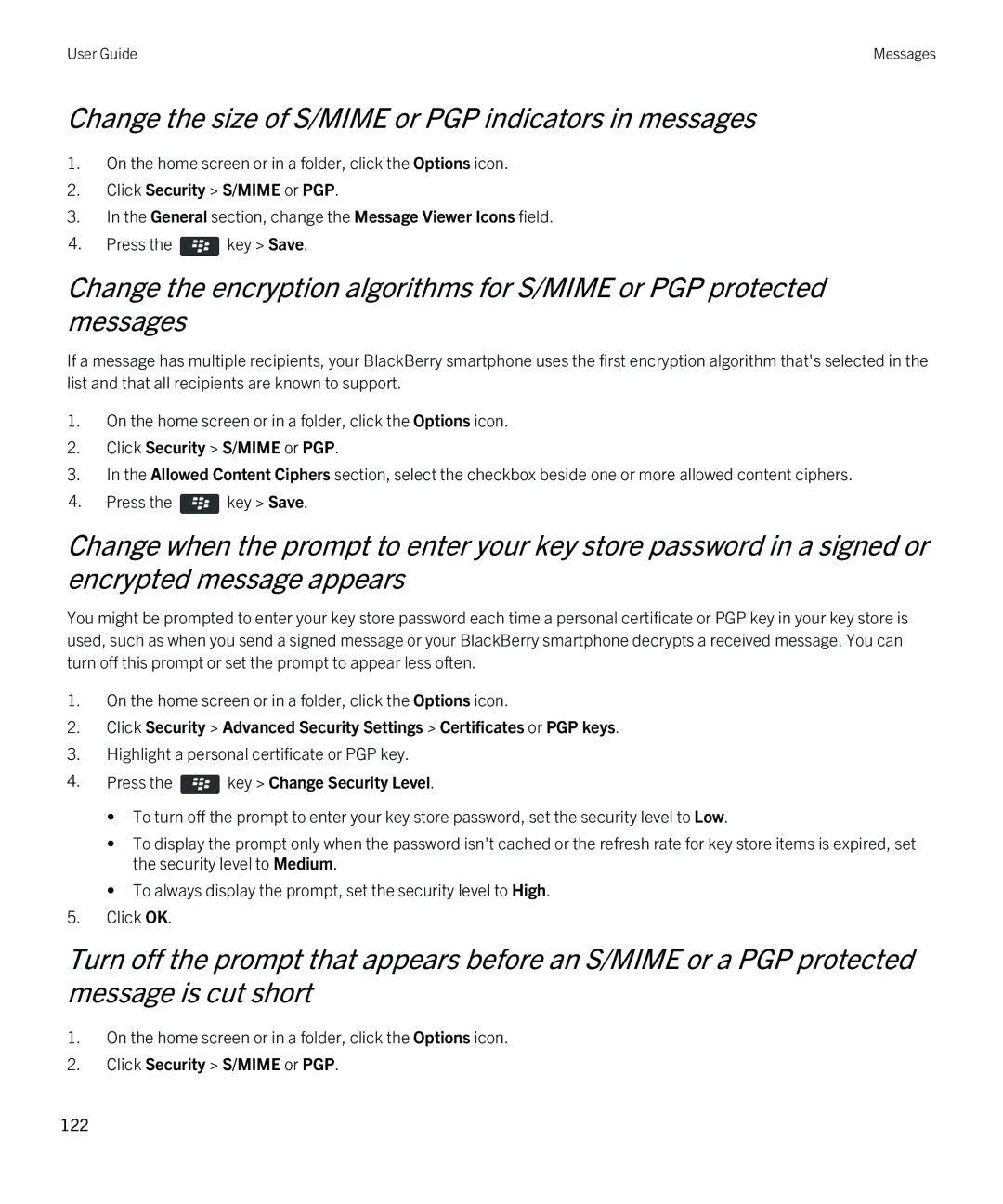 Blackberry 9790 manual Change the size of S/MIME or PGP indicators in messages, Press the key Change Security Level 