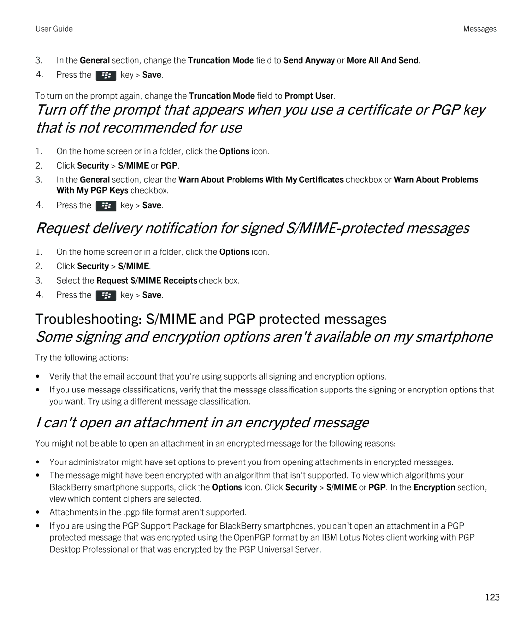 Blackberry 9790 manual Troubleshooting S/MIME and PGP protected messages, Cant open an attachment in an encrypted message 