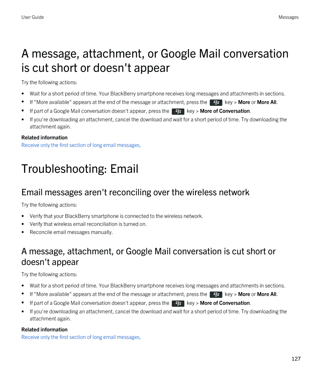 Blackberry 9790 manual Troubleshooting Email, Email messages arent reconciling over the wireless network 