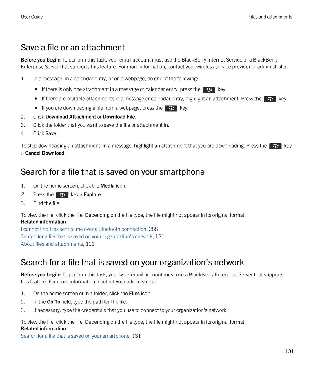 Blackberry 9790 manual Save a file or an attachment, Search for a file that is saved on your smartphone 