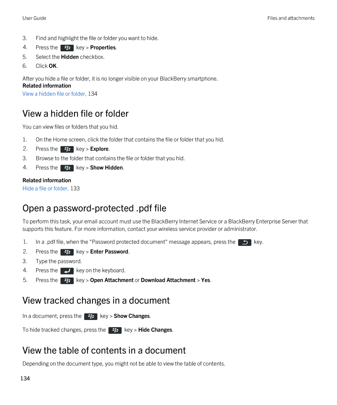 Blackberry 9790 View a hidden file or folder, View tracked changes in a document, View the table of contents in a document 