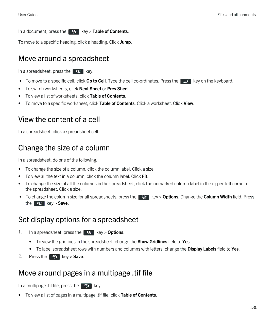 Blackberry 9790 manual Move around a spreadsheet, View the content of a cell, Change the size of a column 