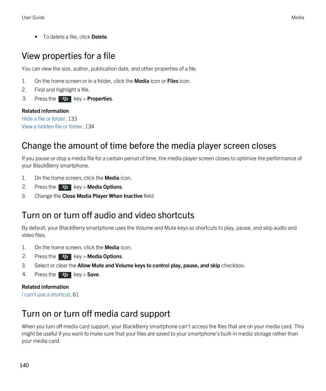Blackberry 9790 manual Turn on or turn off audio and video shortcuts, Turn on or turn off media card support 