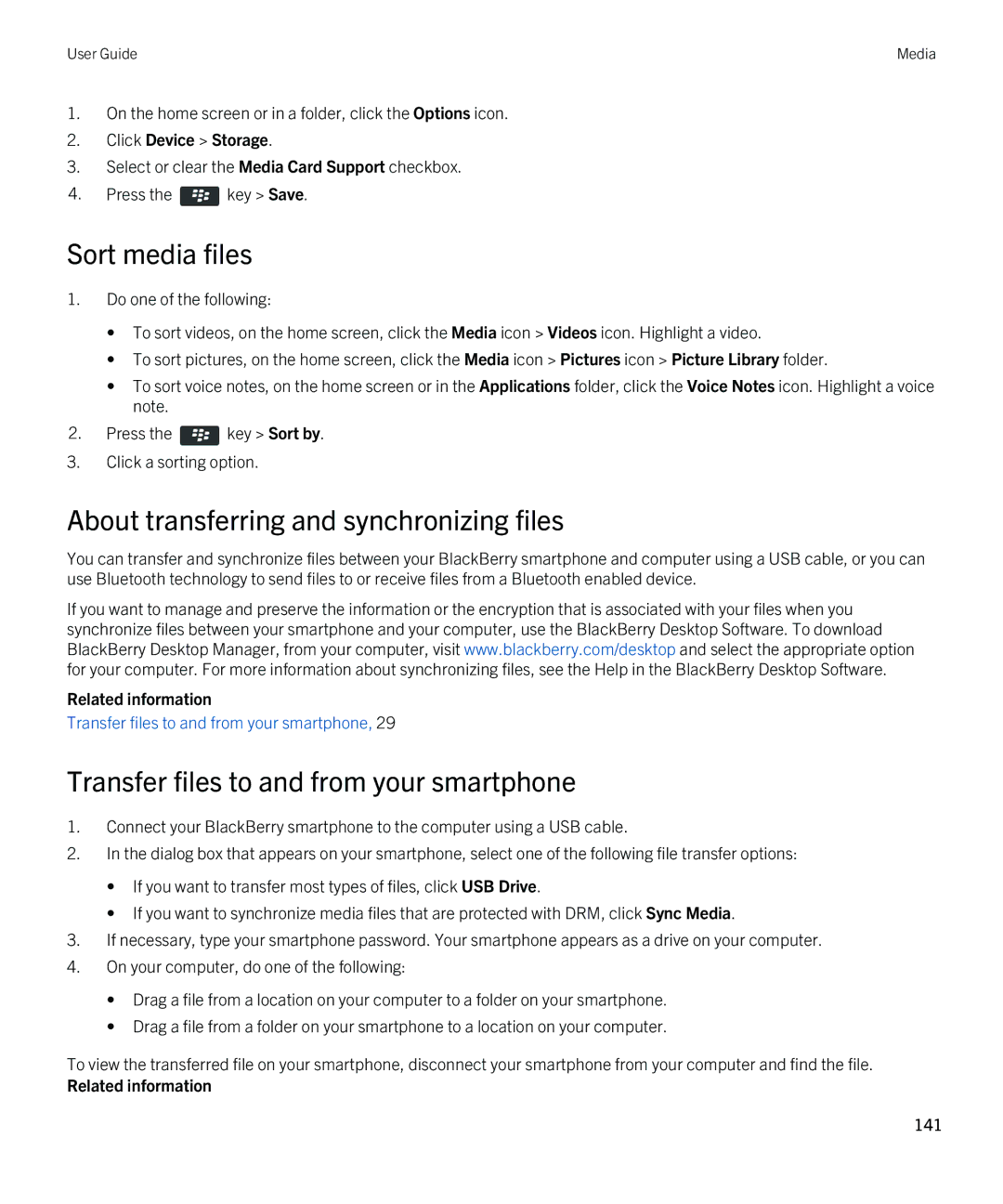 Blackberry 9790 Sort media files, About transferring and synchronizing files, Transfer files to and from your smartphone 