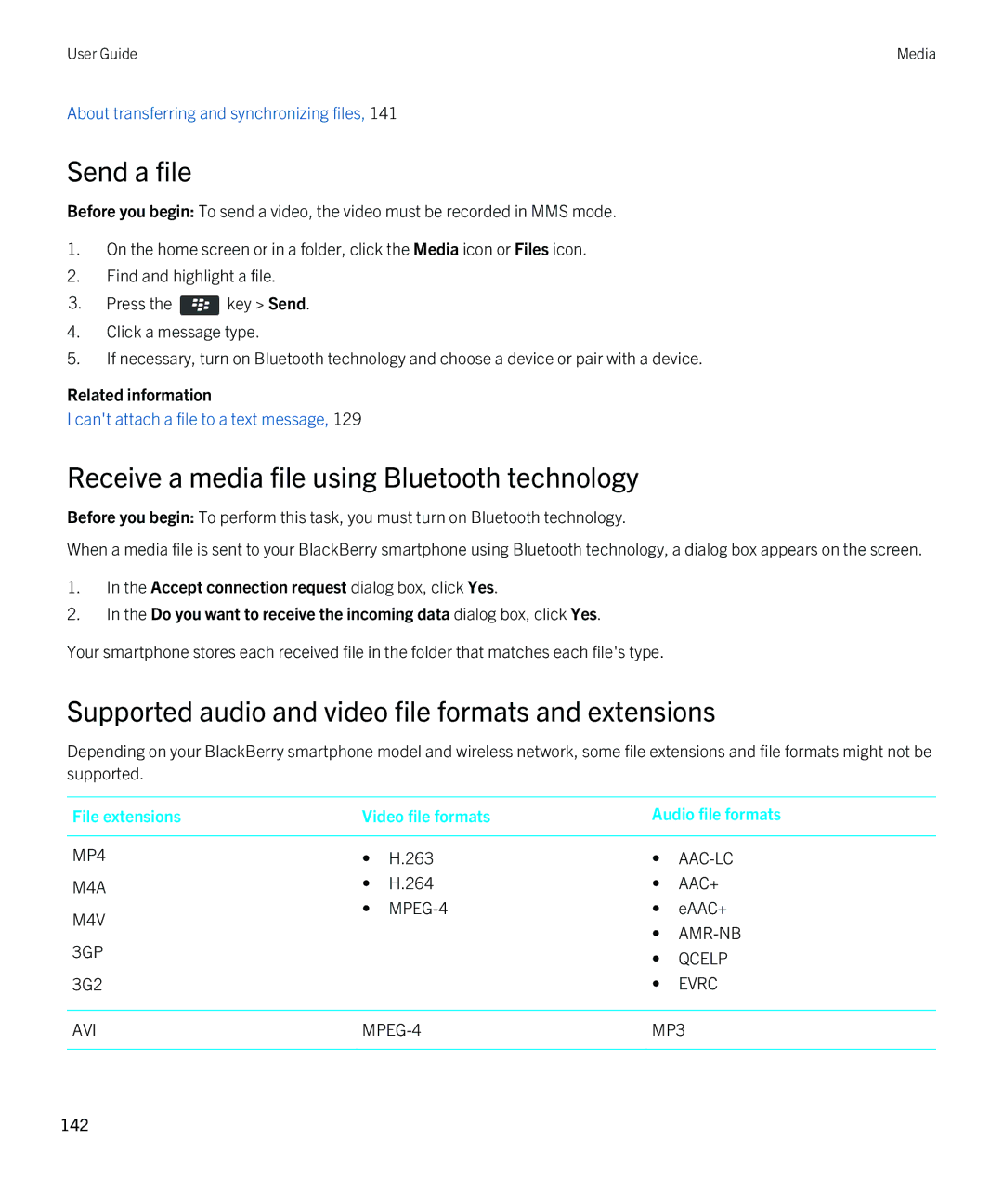 Blackberry 9790 Receive a media file using Bluetooth technology, Supported audio and video file formats and extensions 