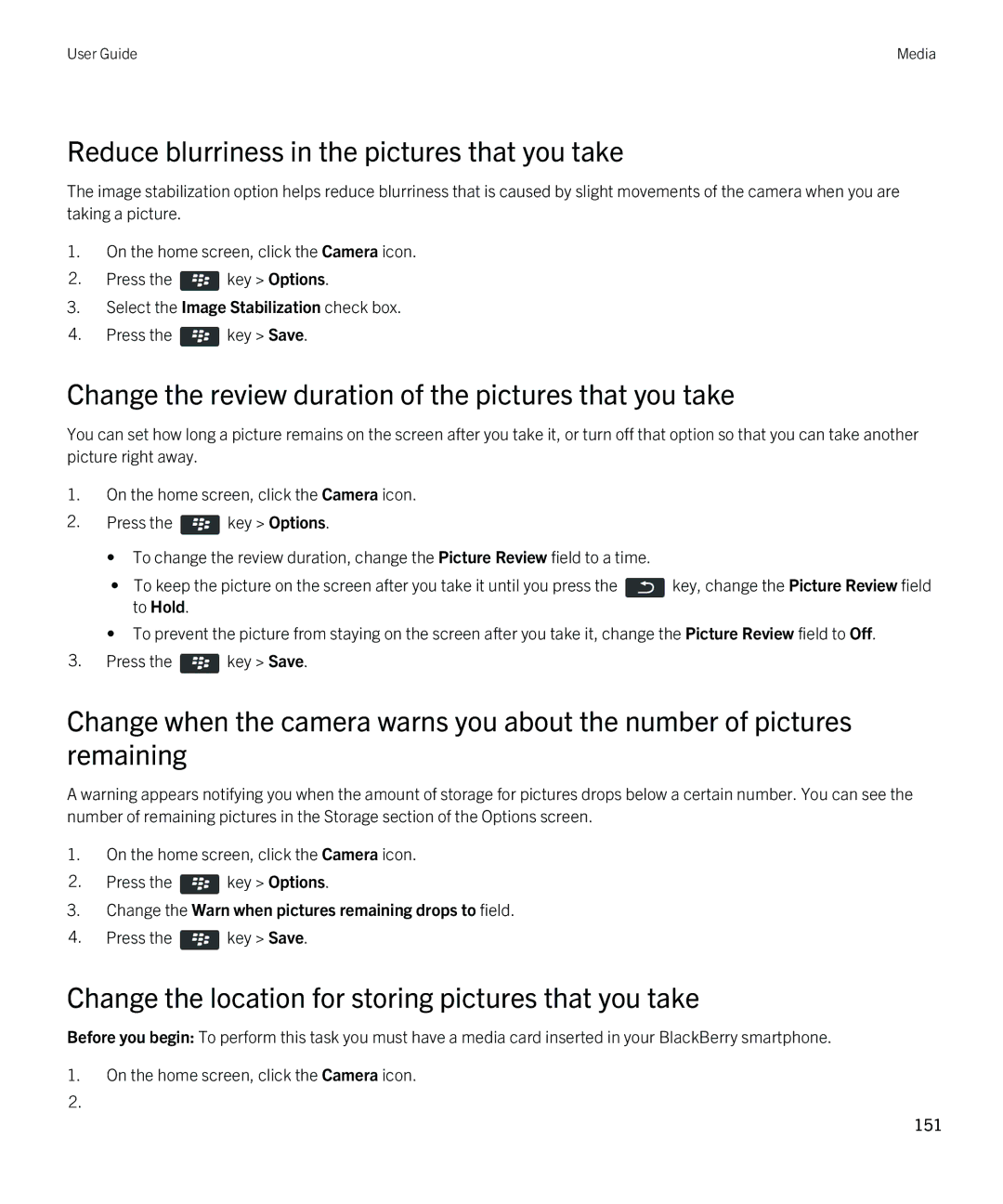 Blackberry 9790 Reduce blurriness in the pictures that you take, Change the review duration of the pictures that you take 