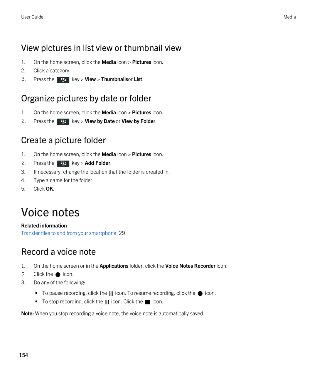 Blackberry 9790 manual Voice notes, View pictures in list view or thumbnail view, Organize pictures by date or folder 