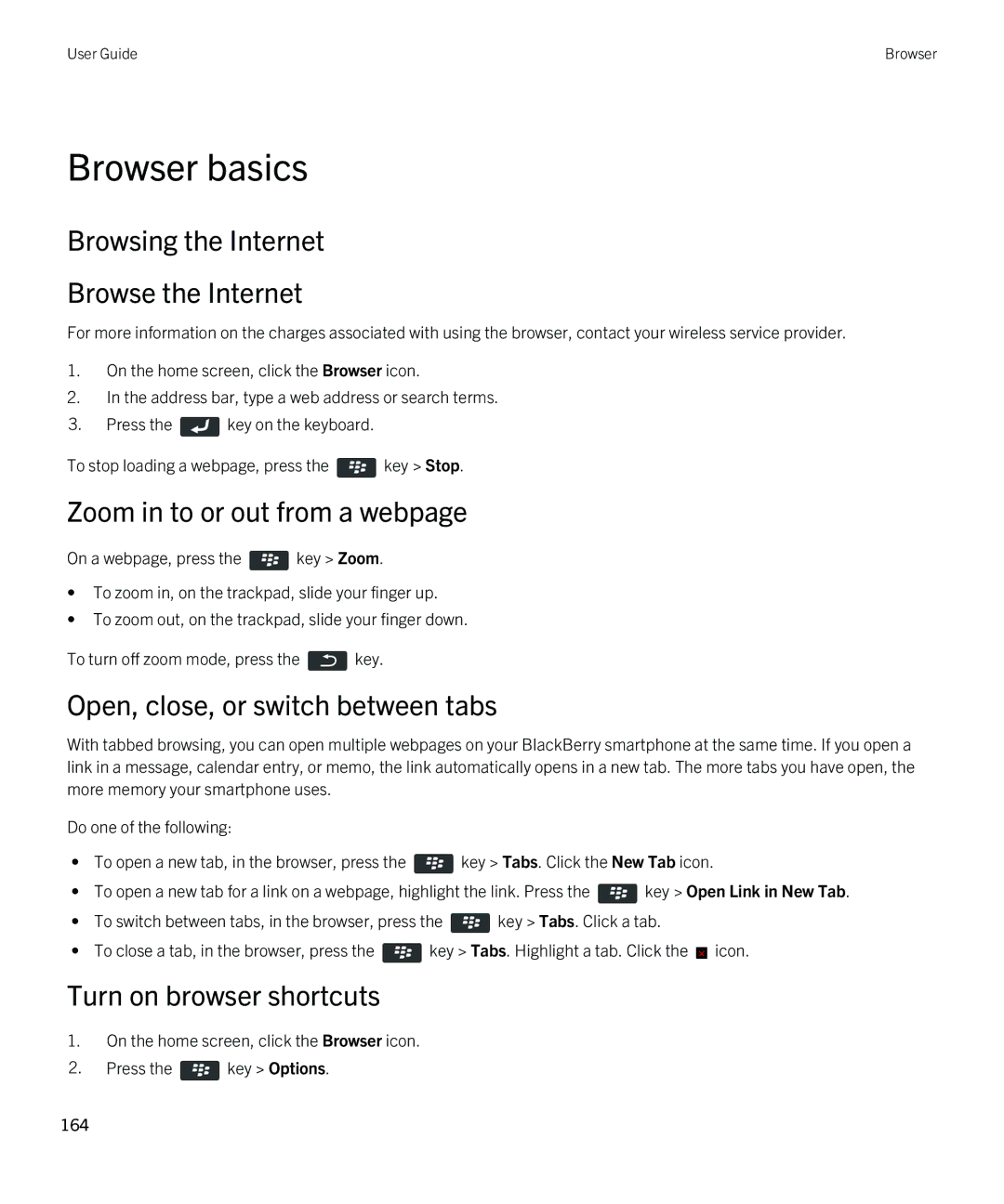 Blackberry 9790 manual Browser basics, Browsing the Internet Browse the Internet, Zoom in to or out from a webpage 