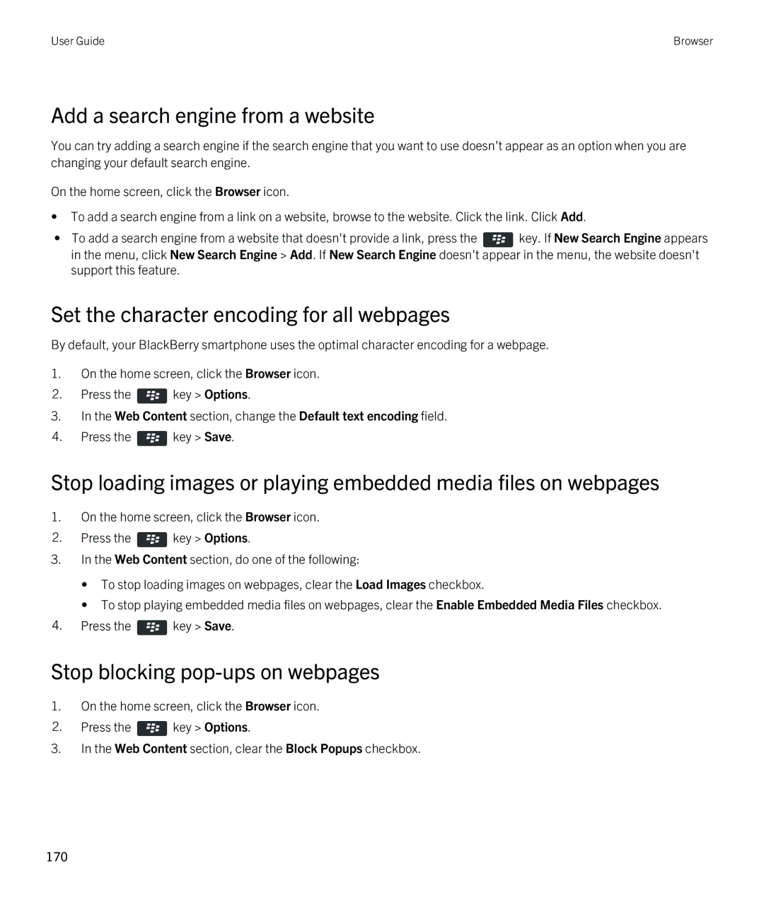 Blackberry 9790 manual Add a search engine from a website, Set the character encoding for all webpages 