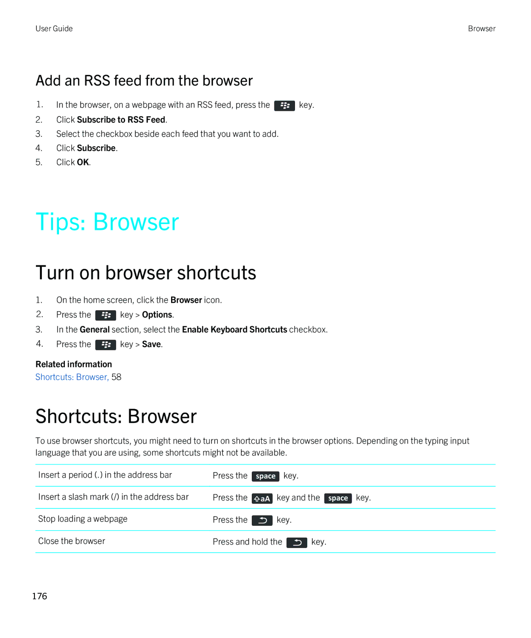 Blackberry 9790 manual Tips Browser, Turn on browser shortcuts, Shortcuts Browser, Add an RSS feed from the browser 