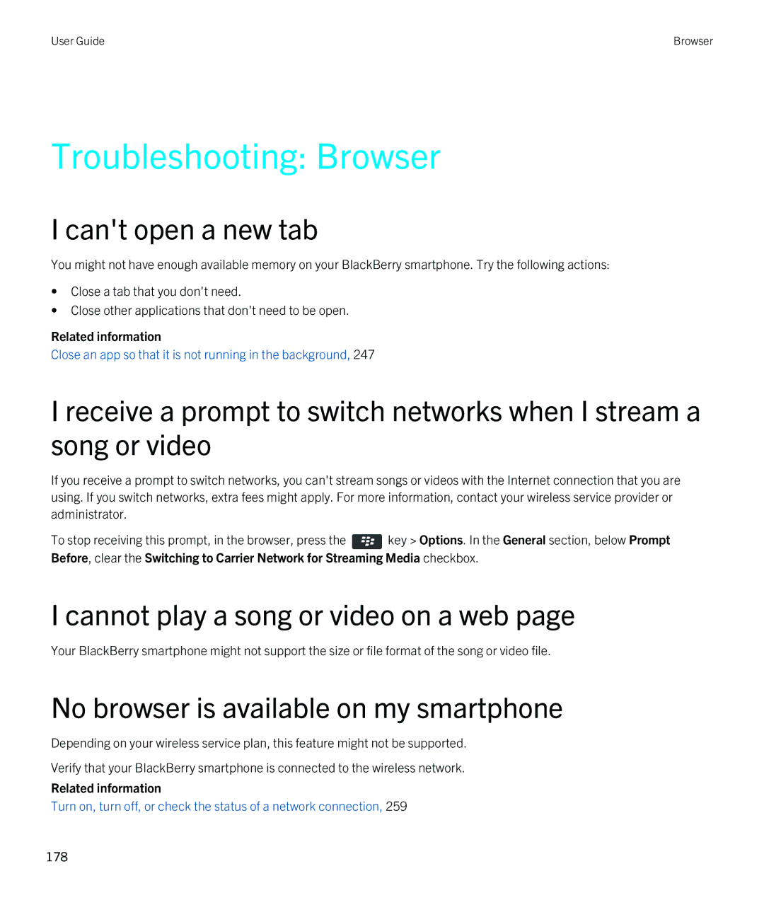 Blackberry 9790 manual Troubleshooting Browser, Cant open a new tab, Cannot play a song or video on a web 