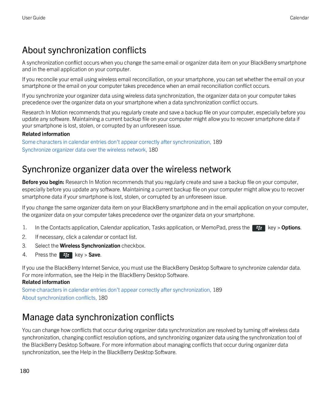 Blackberry 9790 manual About synchronization conflicts, Synchronize organizer data over the wireless network 