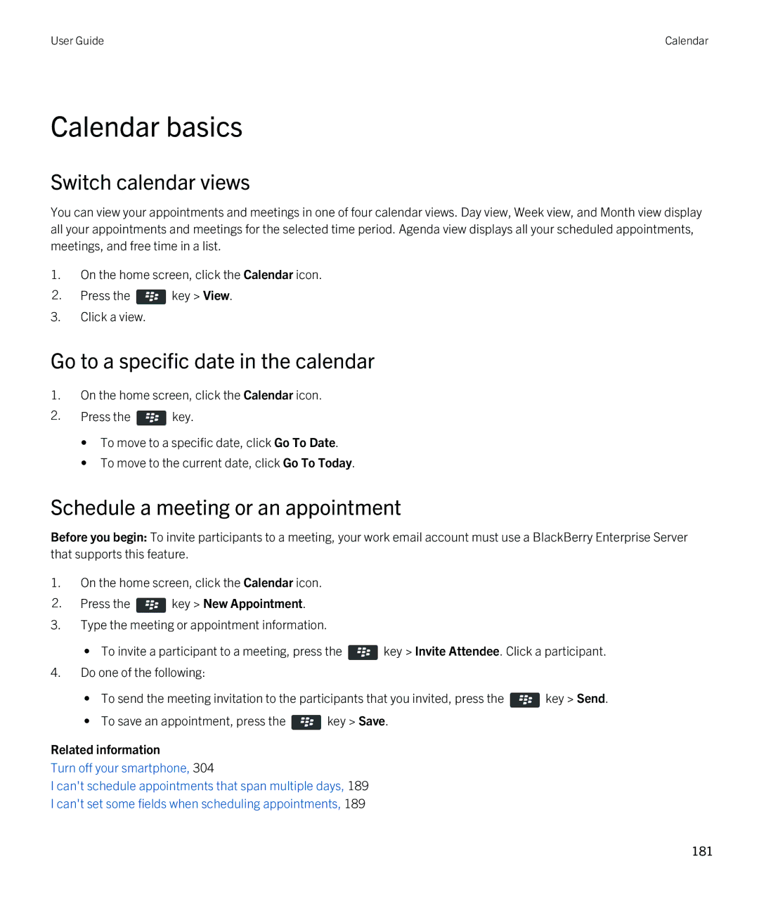 Blackberry 9790 manual Calendar basics, Switch calendar views, Go to a specific date in the calendar 