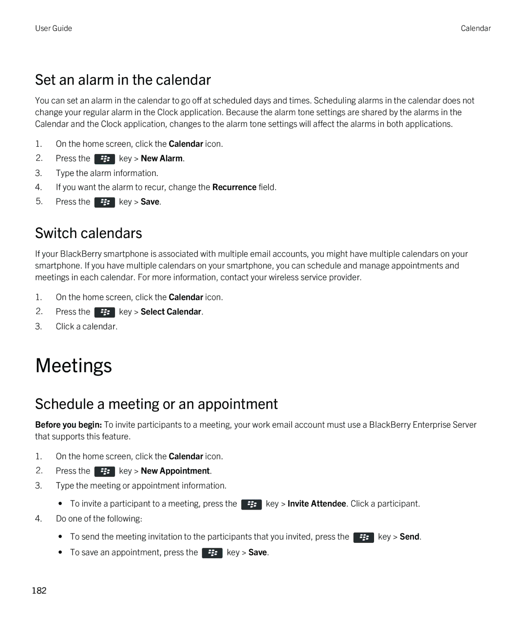 Blackberry 9790 manual Meetings, Set an alarm in the calendar, Switch calendars 