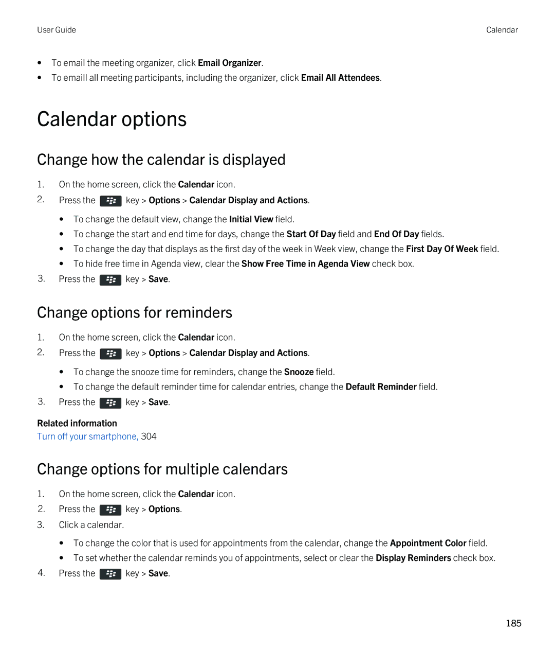 Blackberry 9790 manual Calendar options, Change how the calendar is displayed, Change options for reminders 