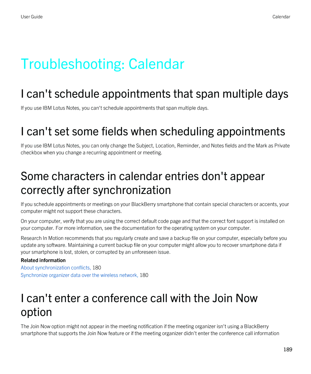 Blackberry 9790 manual Troubleshooting Calendar, Cant schedule appointments that span multiple days 