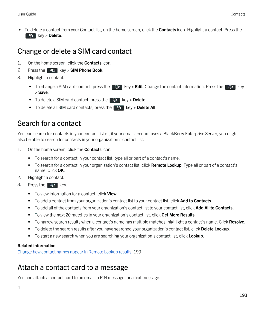 Blackberry 9790 manual Change or delete a SIM card contact, Search for a contact, Save, Key Delete All 