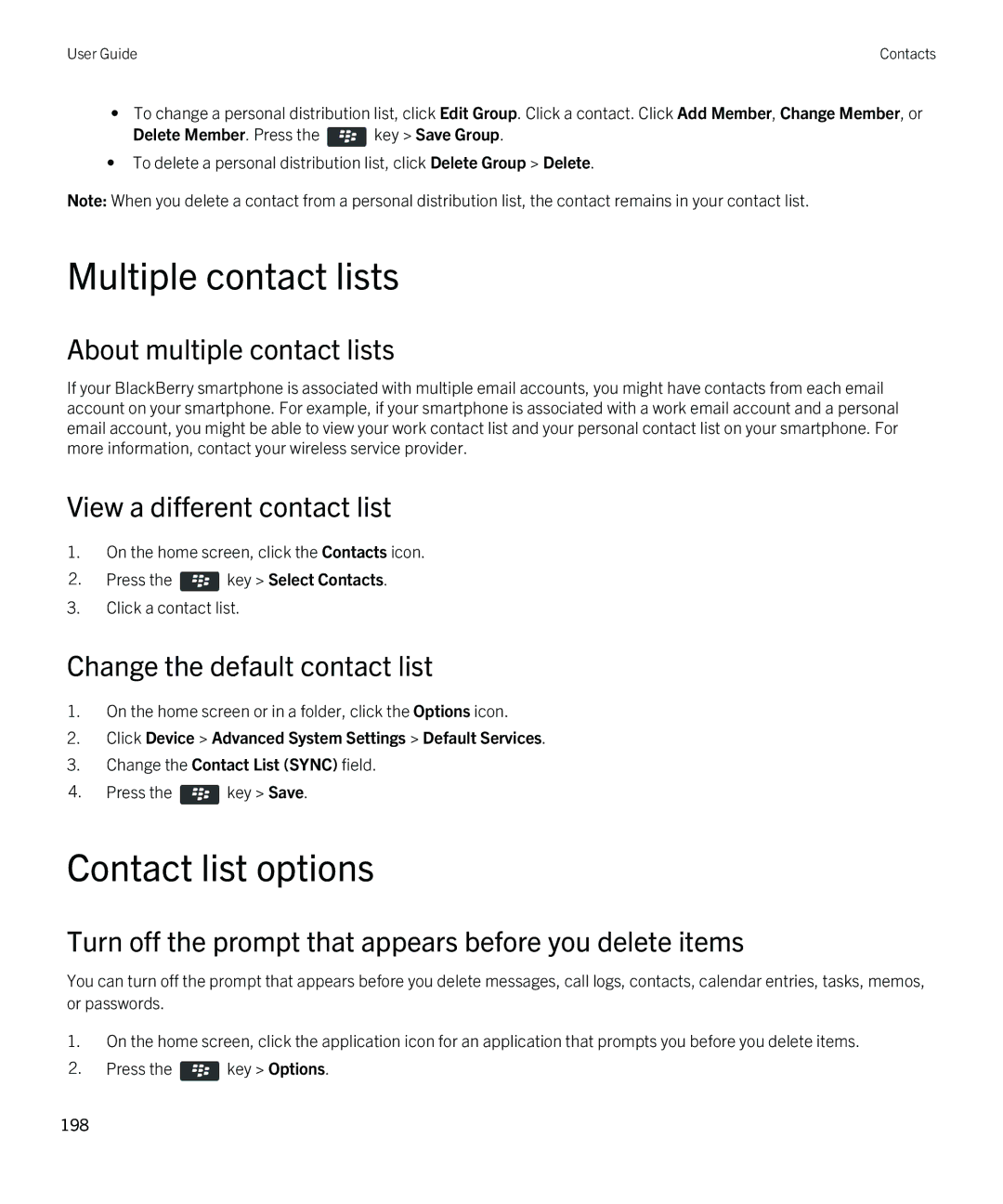 Blackberry 9790 Multiple contact lists, Contact list options, About multiple contact lists, View a different contact list 