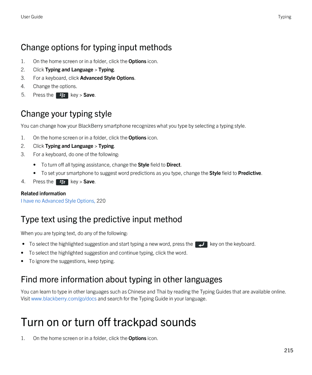 Blackberry 9790 Turn on or turn off trackpad sounds, Change options for typing input methods, Change your typing style 