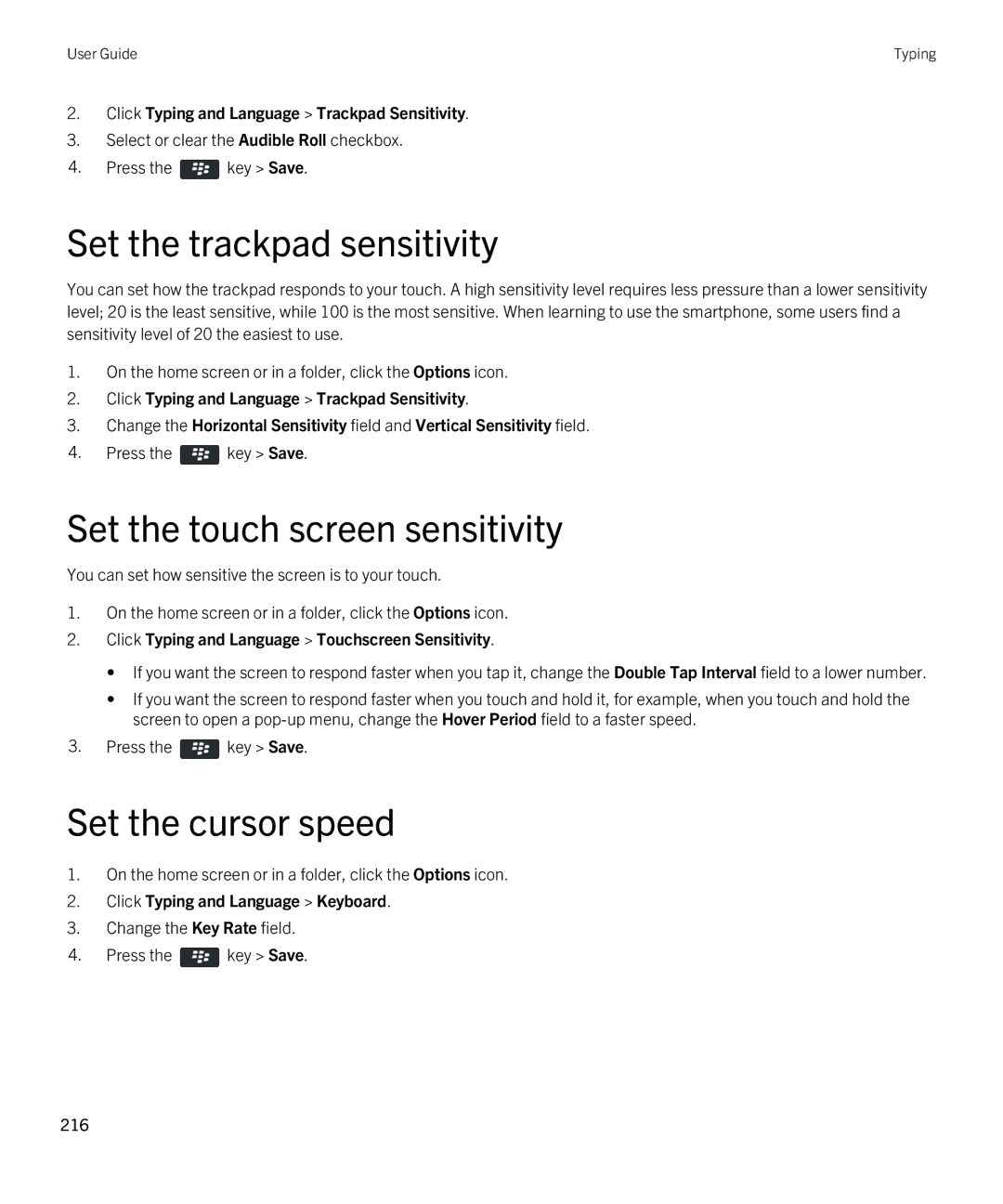 Blackberry 9790 manual Set the trackpad sensitivity, Set the touch screen sensitivity, Set the cursor speed 