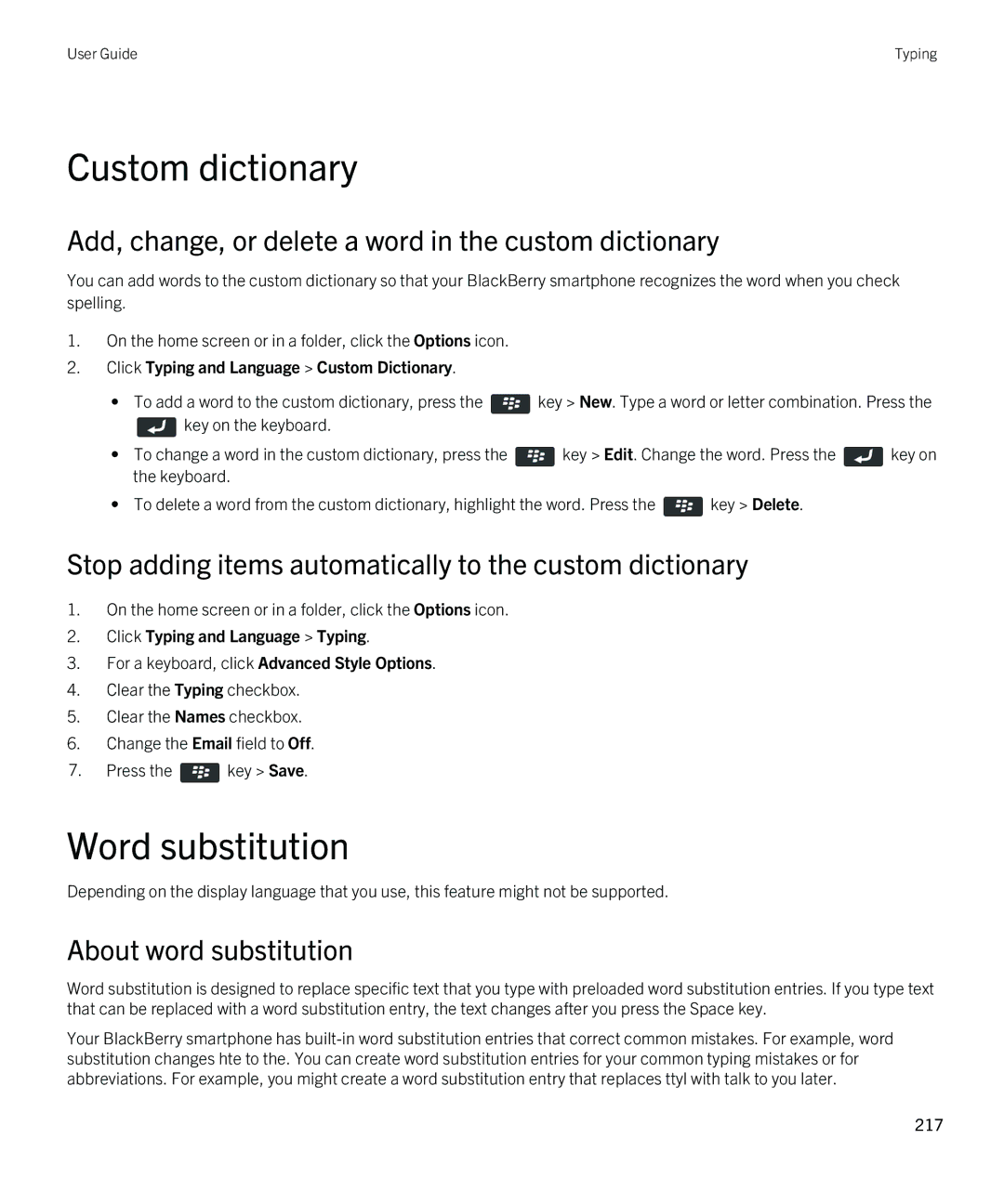 Blackberry 9790 manual Custom dictionary, Word substitution, Add, change, or delete a word in the custom dictionary 