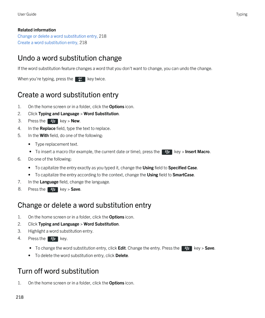 Blackberry 9790 manual Undo a word substitution change, Create a word substitution entry, Turn off word substitution 