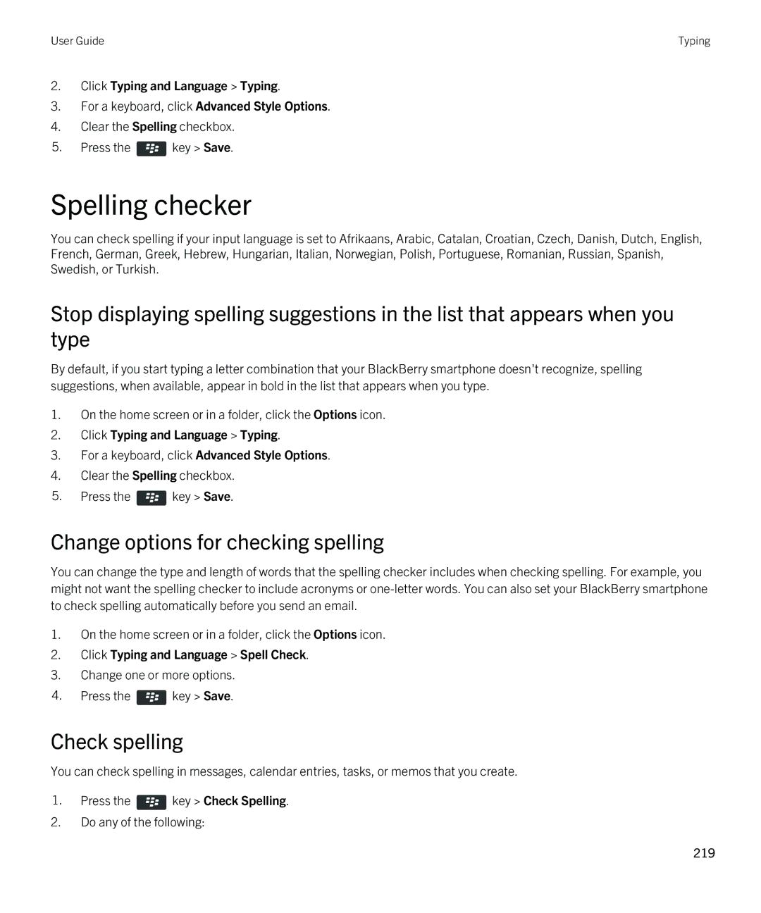 Blackberry 9790 manual Spelling checker, Change options for checking spelling, Click Typing and Language Spell Check 