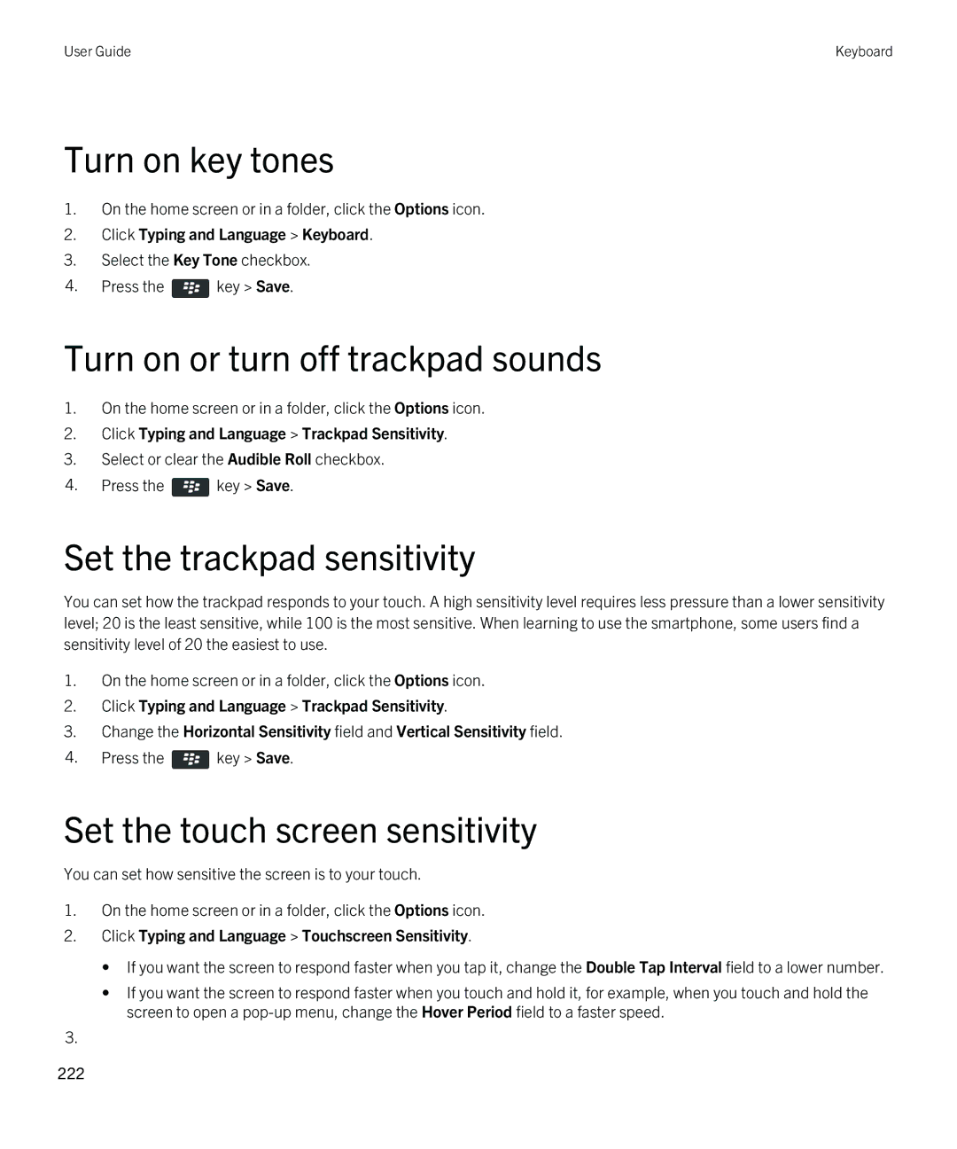 Blackberry 9790 manual Turn on key tones, Turn on or turn off trackpad sounds 