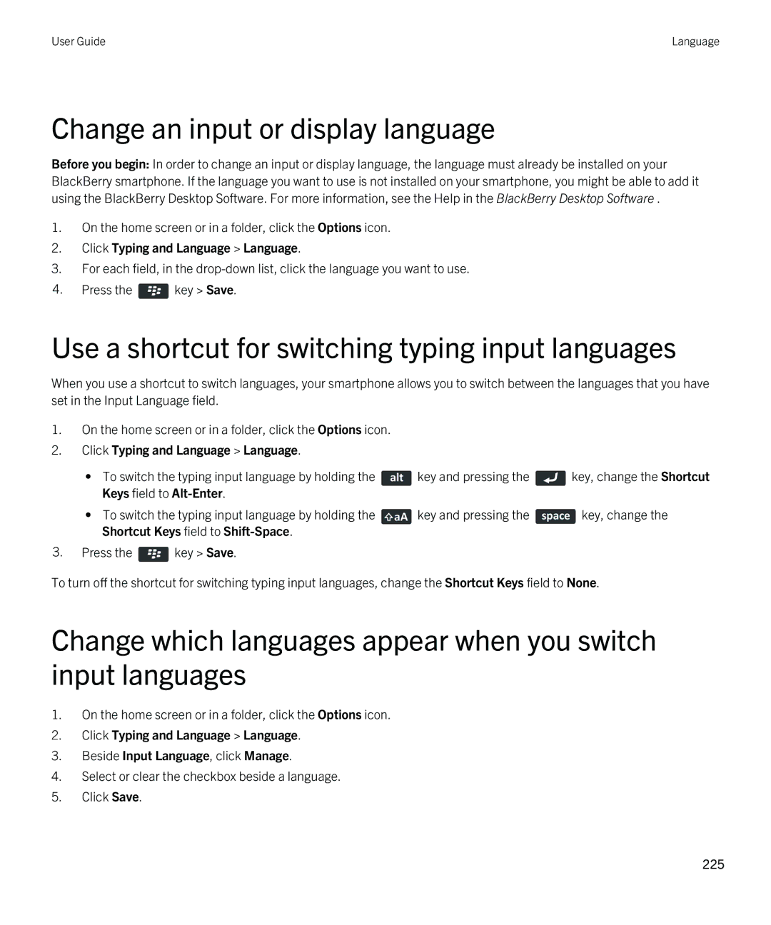 Blackberry 9790 manual Change an input or display language, Use a shortcut for switching typing input languages 