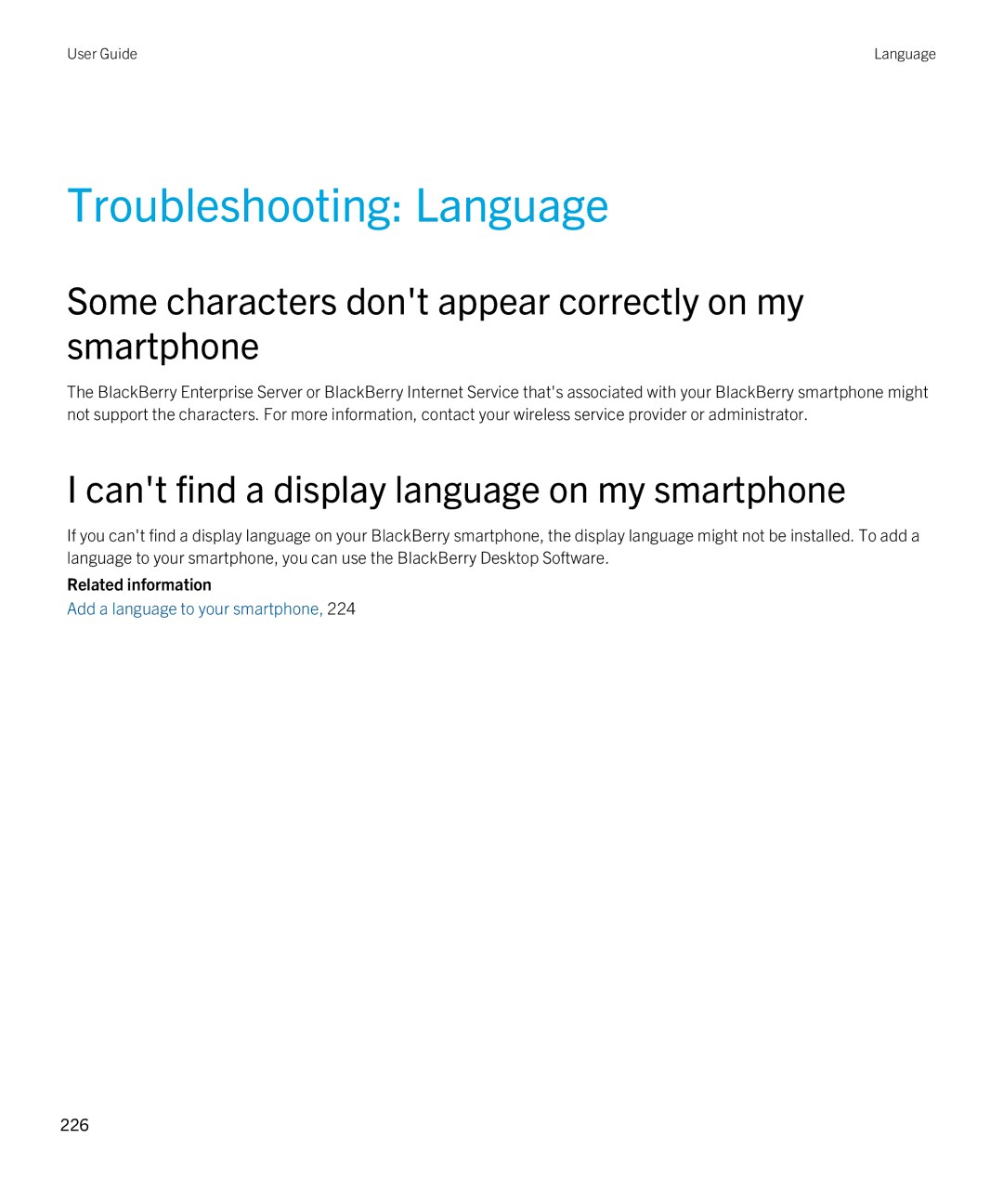 Blackberry 9790 manual Troubleshooting Language, Some characters dont appear correctly on my smartphone 