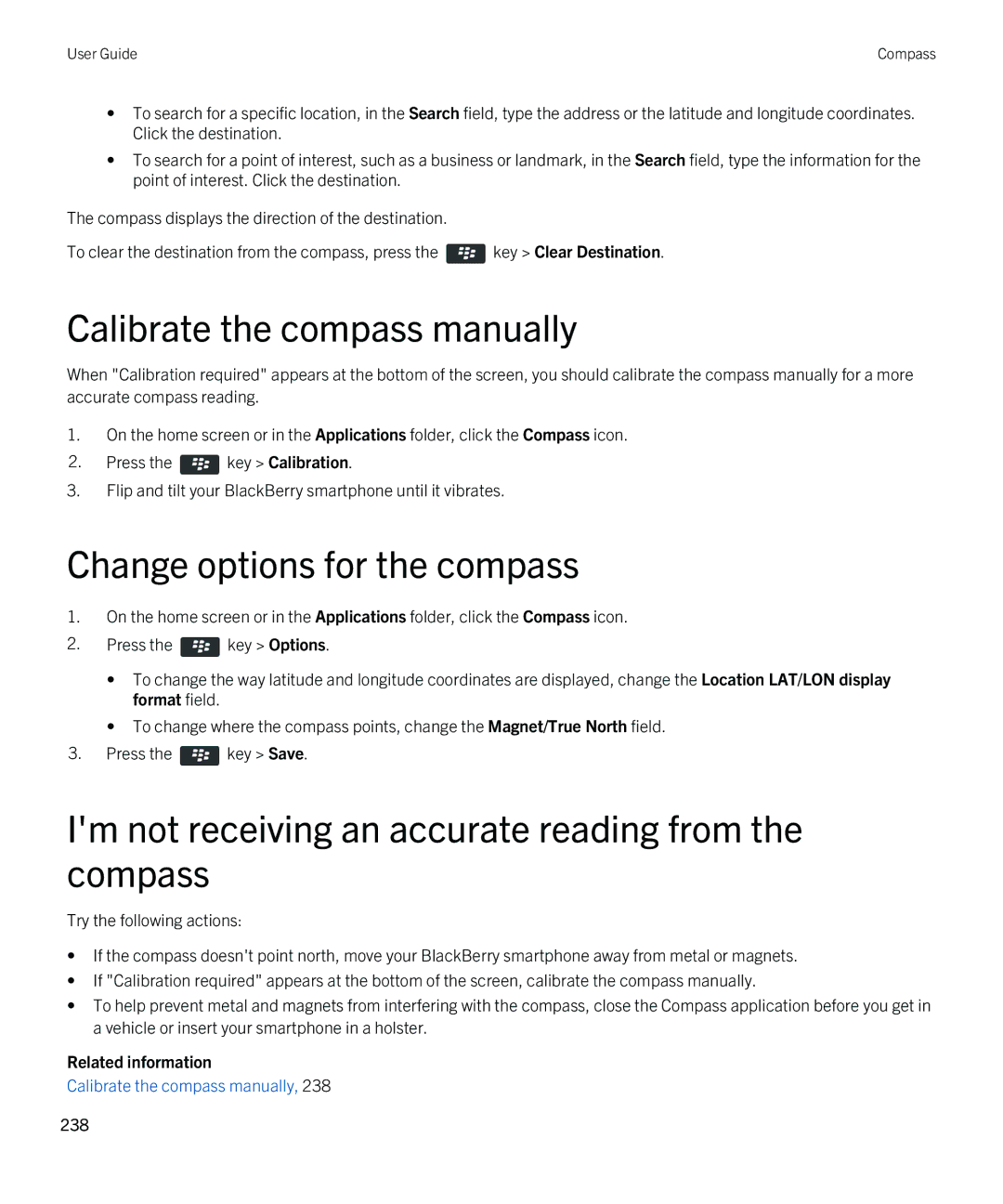 Blackberry 9790 Calibrate the compass manually, Change options for the compass 